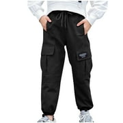 Hduncf Girls \u0026 Boys Casual Cargo Jogger Pants Kids Cotton Drawstring Elastic Waist Work Pants with Multi-Pocket Black 9 Years